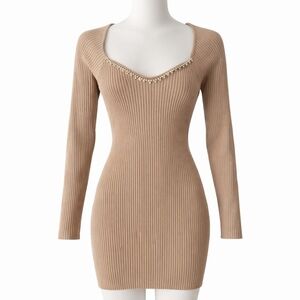 Ribbed Bodycon Mini Dress Beige | Pearl Square Neck | Long Sleeve | Size M | NEW
